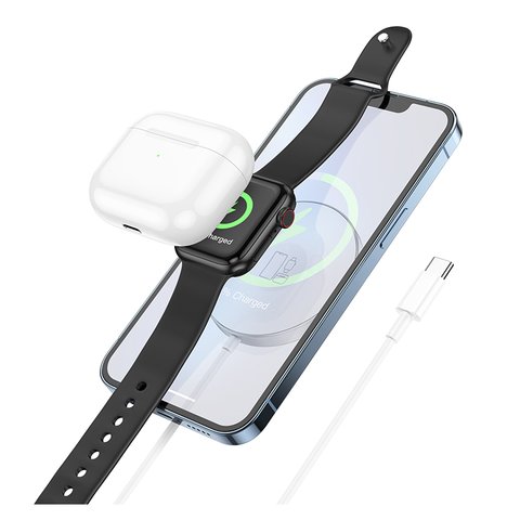 Беспроводное зарядное устройство Hoco CW41 3-in-1, Quick Charge, белое, USB тип-C, 15 Вт, магнитное, MagSafe, #6931474777089 Превью 1